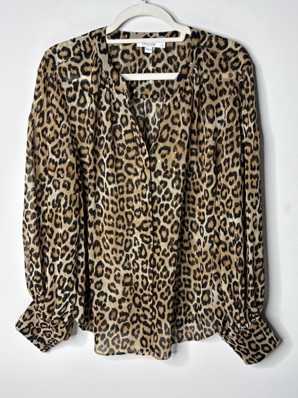 Chicos Leopard Print Gold Metallic Sheer Blouse Size 3 US 16